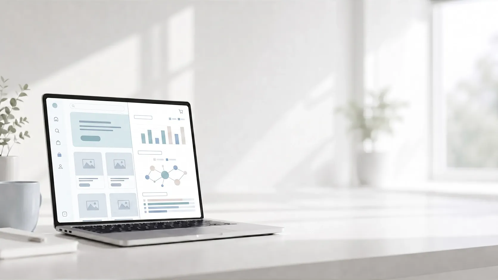 An image of a laptop against a white wall with a blurry dashboard on the screen